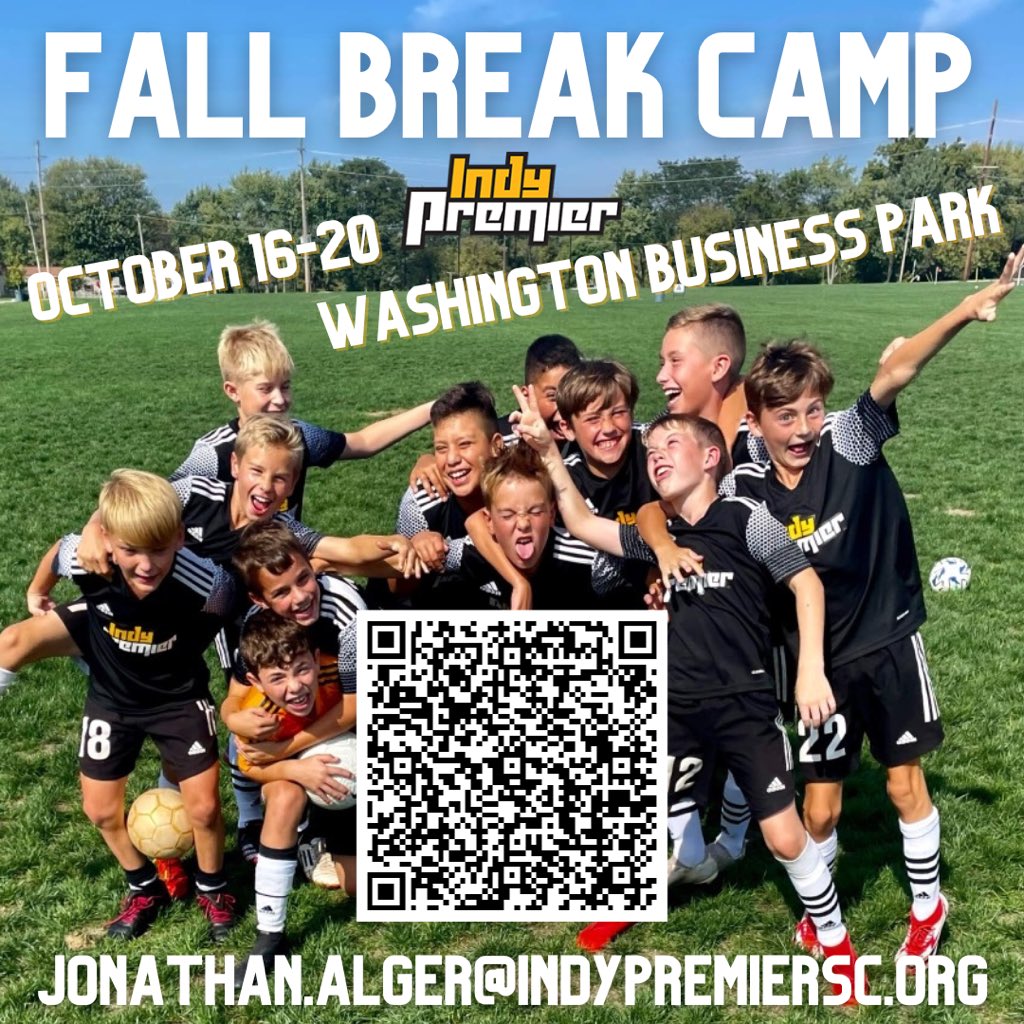 IndyPremierSC's tweet photo. ๐ฃFall Break Camp 2023๐ฃ Forgot about fall break? Weโve got you covered from 8:30-3:30 pm at WBP. Scan the code and register now- sibling discounts in effect! #registernowโผ๏ธ #fallbreakfun #soccerskillsโฝ๏ธ https://t.co/lssaWSW6nU