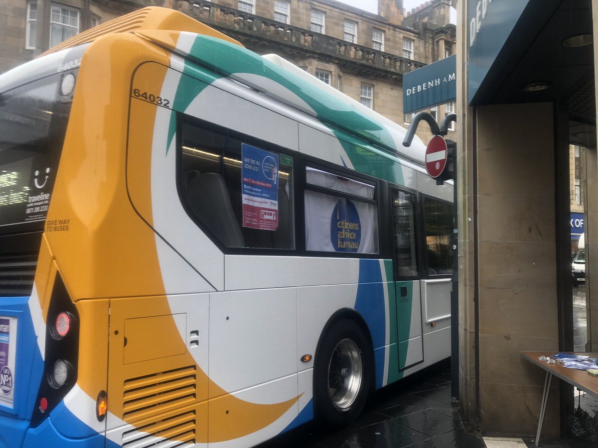 Popped through to Perth City Centre to see the bus. A miserable day for everyone in the pouring rain but some useful public engagement with some advice and great to see @IFAN_UK Worryibg About Money leaflets on board and being handed out to passers-by. #ChallengePoverty