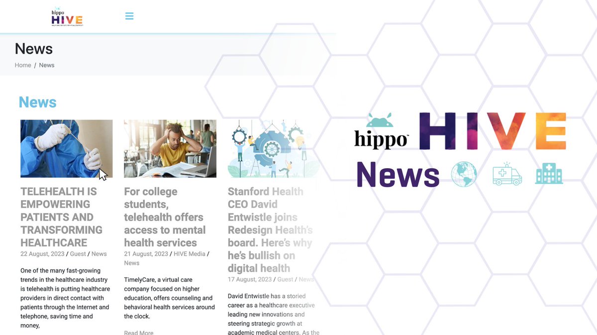 For news and information about #virtualcare from all over the internet and all over the world, check out the News section on the Hippo Hive:

hippohive.org/news/

#news #healthcare #nextgentelehealth #nextgenvirtualcare #telemedicine #telehealth #healthnews