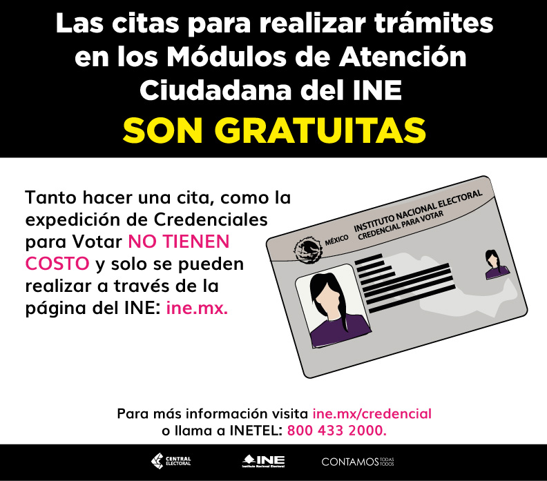 INE_Michoacan's tweet photo. ⚠️ ¡Que no te sorprendan! Las citas para realizar trámites en los Módulos de Atención Ciudadana del INE México son GRATUITAS. Infórmate: https://t.co/sqrgr3Ilx0. https://t.co/a8MtoLuSnB
