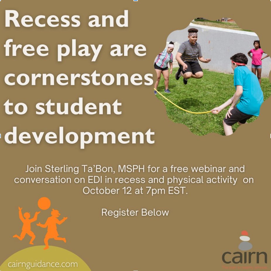 Cairnguidance's tweet photo. Register for the October 12th 7pm  free webinar on #EDI in #Recess &amp; #Physical Activity Register here: https://t.co/davZteh2EZ  #CSPAP #SchoolHealth #DEI #WSCC #publichealth #equity #recess #solutions https://t.co/7VvJsImDby