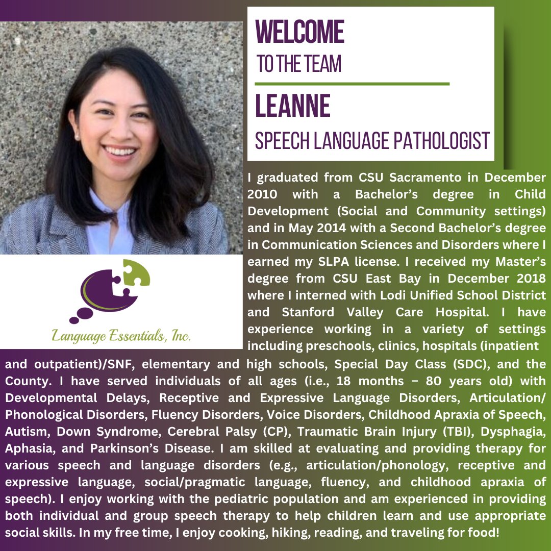 Speech_LE's tweet image. Welcome to the team, Leanne! #LE #languageessentials #SLP #OT #languageessentialsteam #joinourteam #childdevelopment #clientgrowth