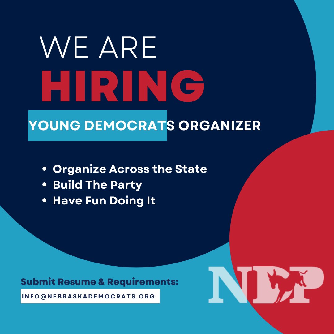 NebraskaDems's tweet photo. The NDP is hiring a Young Democrats Organizer. We are committed to engaging the next generation of Dems in our state. Please submit a resume, two references, and a cover letter to info@nebraskademocrats.org by October 16th at 5PM. #NebDem #YoungDems
https://t.co/rsx2bGWNwI https://t.co/ObEw3Qsb7K