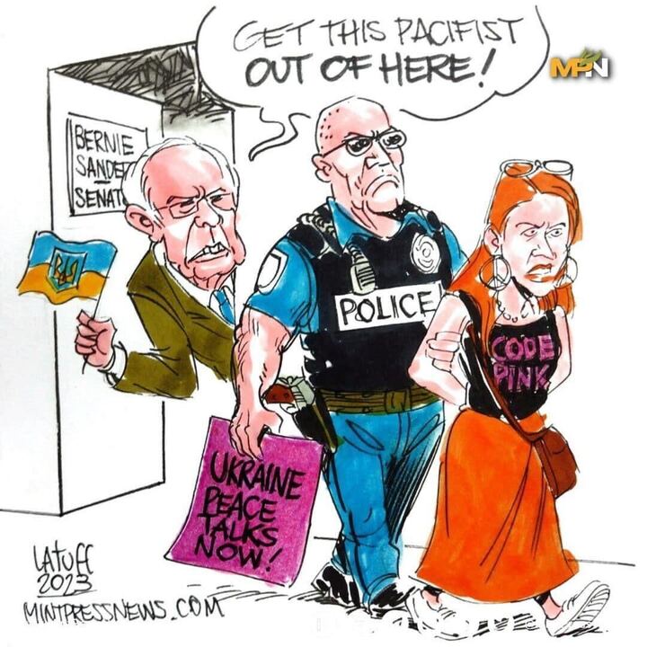 MsJodieEvans's tweet photo. Thank you @LatuffCartoons for illustrating the absurdity of Bernie kicking me, a peace activist, out of his office and having me arrested for holding up his own words calling for diplomacy.  Members of Congress must call on Biden to sit at the peace table now! ✌️❤️ @codepink https://t.co/0TmyfF9frP