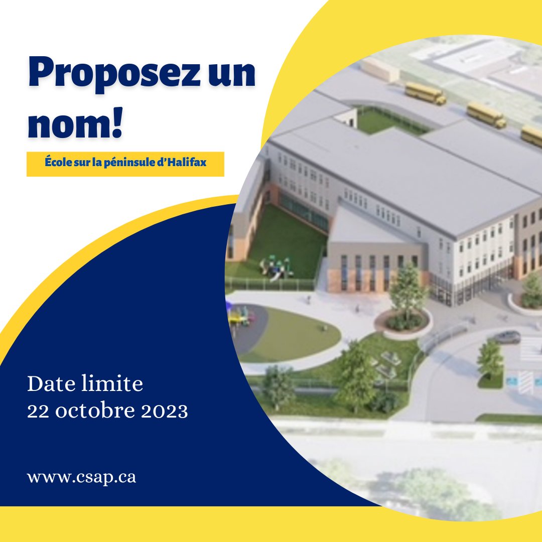 Proposez un nom pour notre nouvelle école!

L’école sur la péninsule d’Halifax a besoin d’un nom.  Cette école accueillera les élèves du programme prématernelle de la Nouvelle-Écosse – Grandir en français à la 8e année.

 forms.office.com/Pages/Response…