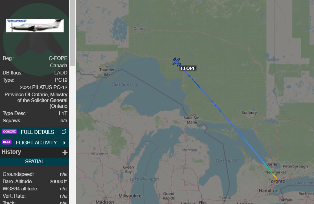 TDotResident's tweet image. #ONpoli 

NEW:

It appears that Doug Ford&apos;s #GravyPlane flew from Buttonville (Markham) to Thunder Bay at 8am today.

It is likely that Ford flew in for the Ontario PC Party&apos;s $1250/person Leader&apos;s Dinner.

Look for Ford to do a photo op and then charge this trip to taxpayers.