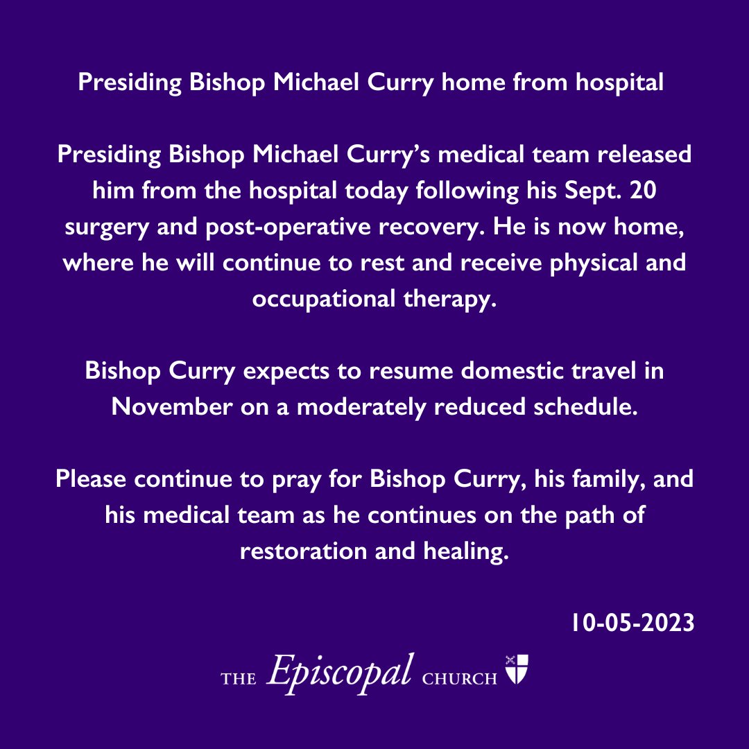 The Episcopal Church (@iamepiscopalian) on Twitter photo Presiding Bishop Michael Curry (<a href="/pb_curry/">Presiding Bishop Michael Curry</a>) home from hospital
On the web: episcopalchurch.org/publicaffairs/… Presiding Bishop Michael Curry (<a href="/pb_curry/">Presiding Bishop Michael Curry</a>) home from hospital
On the web: episcopalchurch.org/publicaffairs/…