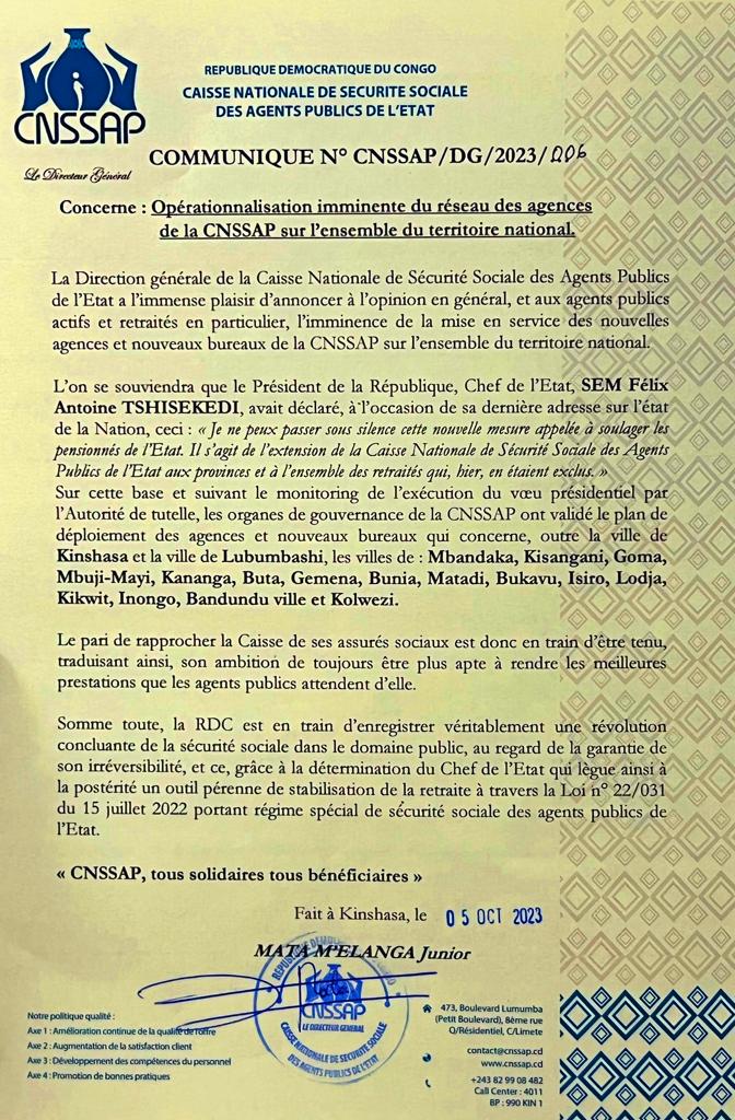 johnseke245328's tweet photo. 🚨#Urgent : Suivant le monoriting de l'exécution du vœu Présidentiel par l'autorité, la @Cnssap_RDC annonce par le biais de son #Top_manager DG @Junior_Mata1, l'opérationnalisation imminente du réseau de ses agences sur l'ensemble du territoire national.👇 https://t.co/veNh8NIhko