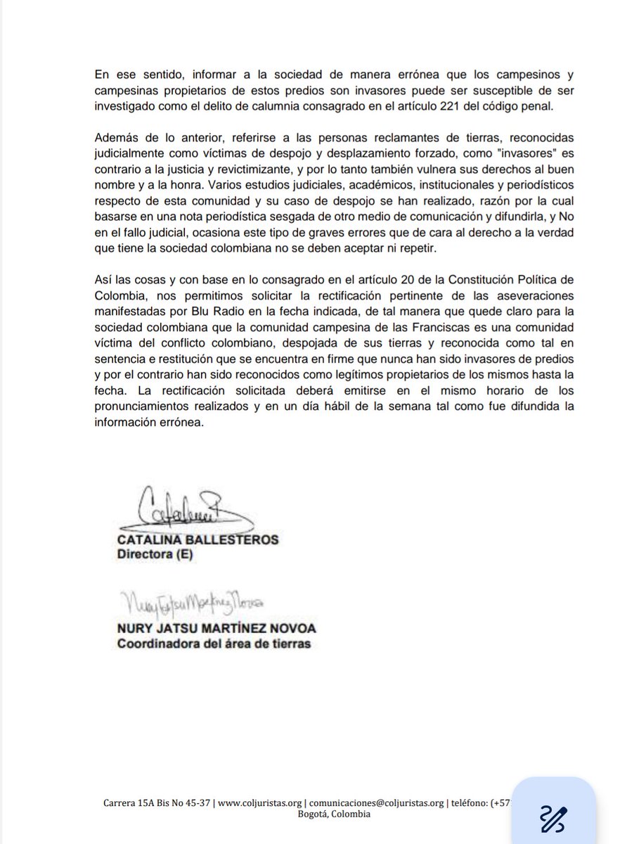 Coljuristas's tweet photo. Ante la información errónea y revictimizante emitida por @BluRadioCo esta semana, solicitamos una RECTIFICACIÓN, de acuerdo a lo consagrado en el artículo 20 de la Constitución, de tal manera que quede claro que la comunidad campesina de Las Franciscas es víctima del conflicto. https://t.co/KCu6fwZAlB