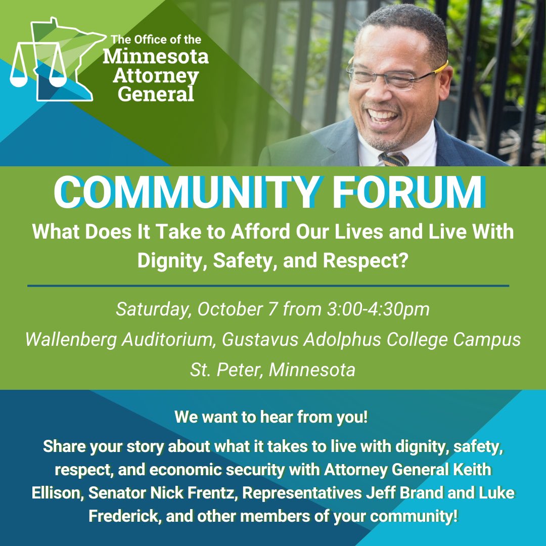 AGEllison's tweet image. It’s my mission to help Minnesotans afford their lives, and live with dignity, safety, and respect.
 
I want to hear from you about what that takes. Share your story with me, Sen @NickAFrentz, @RepJeffBrand, and @RepLFrederick at a forum we’re holding in St. Peter this Saturday.