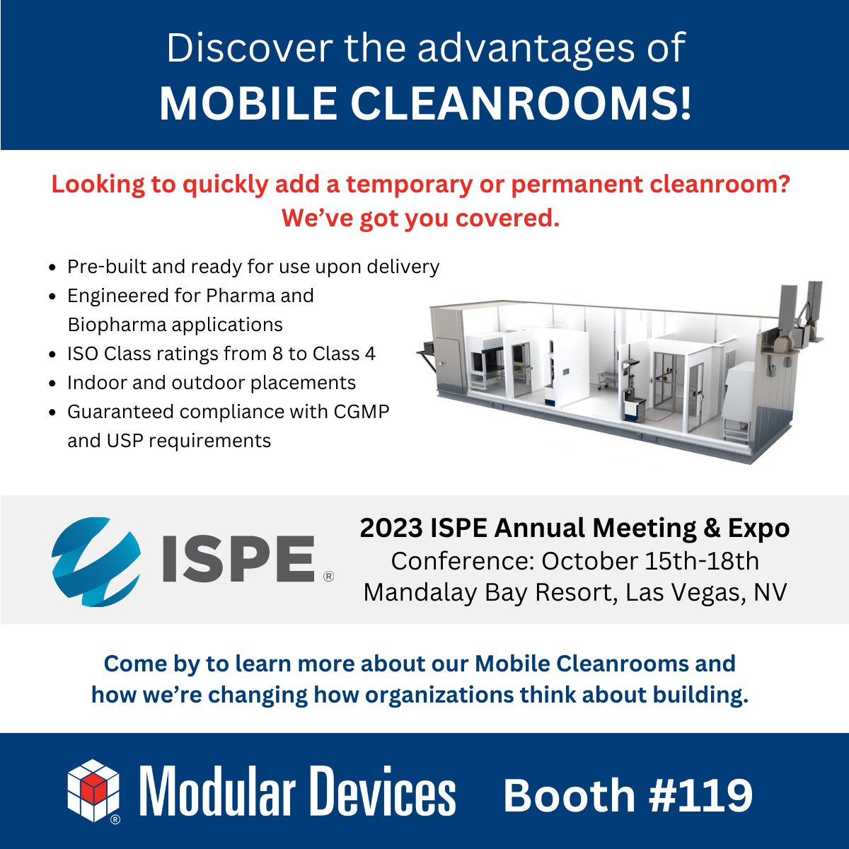 MDICleanrooms's tweet photo. We can't wait to meet you at ISPE 2023 in Las Vegas (booth #119) in just 11 days! #ISPE2023 #MobileCleanrooms https://t.co/cK2mlC016U