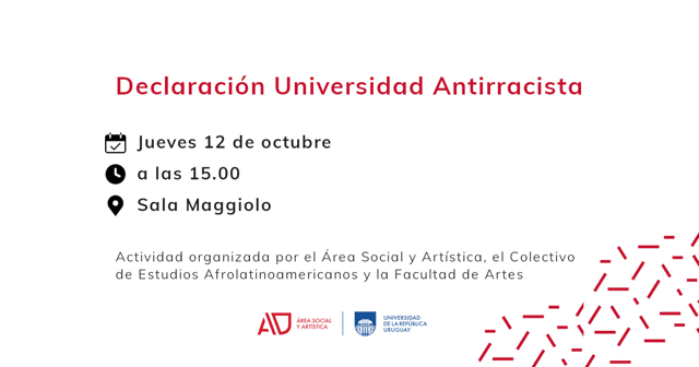 📢 La #Udelar invita a participar del evento: 𝗗𝗲𝗰𝗹𝗮𝗿𝗮𝗰𝗶𝗼́𝗻 𝗱𝗲 𝗨𝗻𝗶𝘃𝗲𝗿𝘀𝗶𝗱𝗮𝗱 𝗔𝗻𝘁𝗶𝗿𝗿𝗮𝗰𝗶𝘀𝘁𝗮

🗓️ Jueves 12 de octubre
⏰ 15:00h
📍 Sala Maggiolo
👉 Más detalles: asa.edu.uy/declaracion-de…