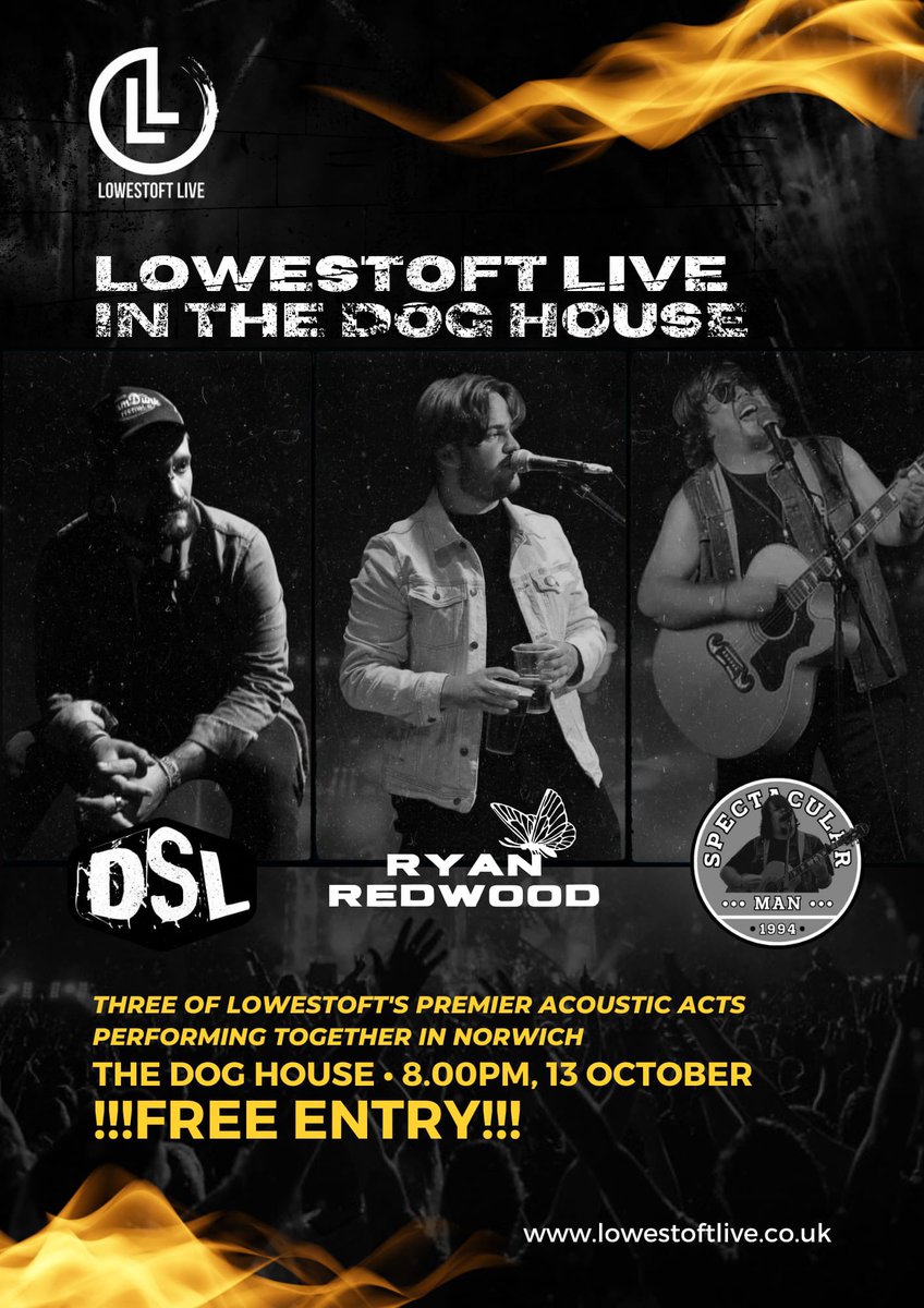 NORWICH!👋 It’s been way too long so I’m delighted to announce I’ll be heading your way on Friday the 13th of October😱🙌

This is bound to be a class evening with my good pals DSL Acoustic &amp; Spectacular Man as part of Lowestoft Live’s takeover night at The Doghouse Norwich🐶🍻