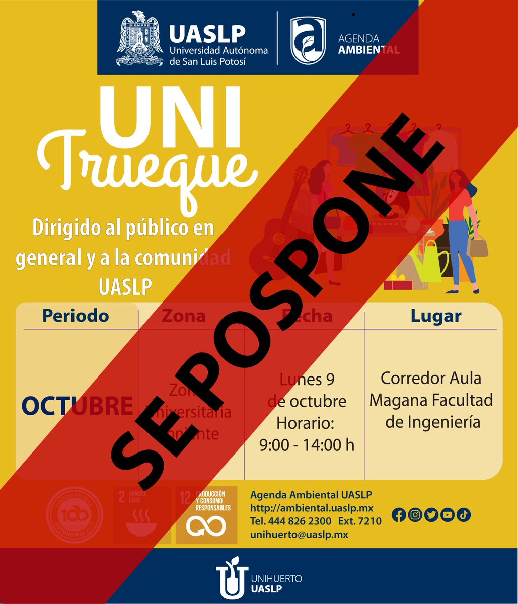 UASLP_Ambiental's tweet photo. ¡NOTICIA! 📢

El unitrueque programado para el lunes 9 de octubre se pospone, espera por la nueva fecha. 😊

La buena noticia es que el Cambalache de libros sigue en pie.

#UASLP #trueque #economiacircular #ConsumoResponsable #segundamano #SLP https://t.co/SnRZ30EK6D