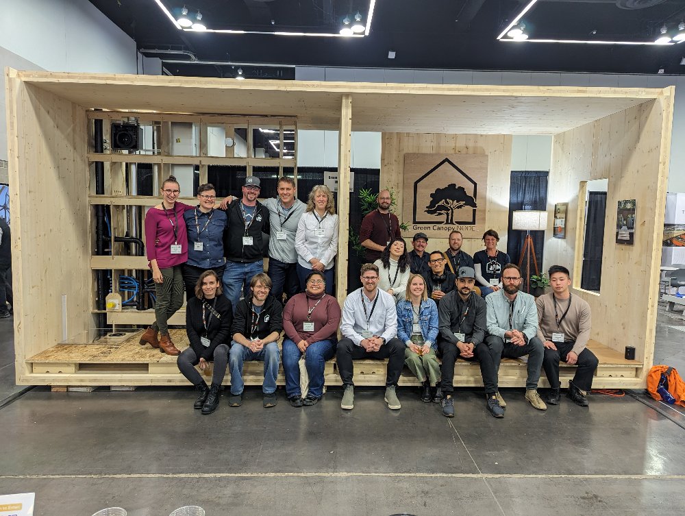 Cofounders, Bec and Sam are at this week's Techstars #Foundercon23 in San Francisco! Do you recognize that mini module? It's not a CLT Barbie Dreamhouse...it's a 1:8 scale of the module + patent pending MEP Utility Wall that we brought to the Mass Timber Conference last spring.