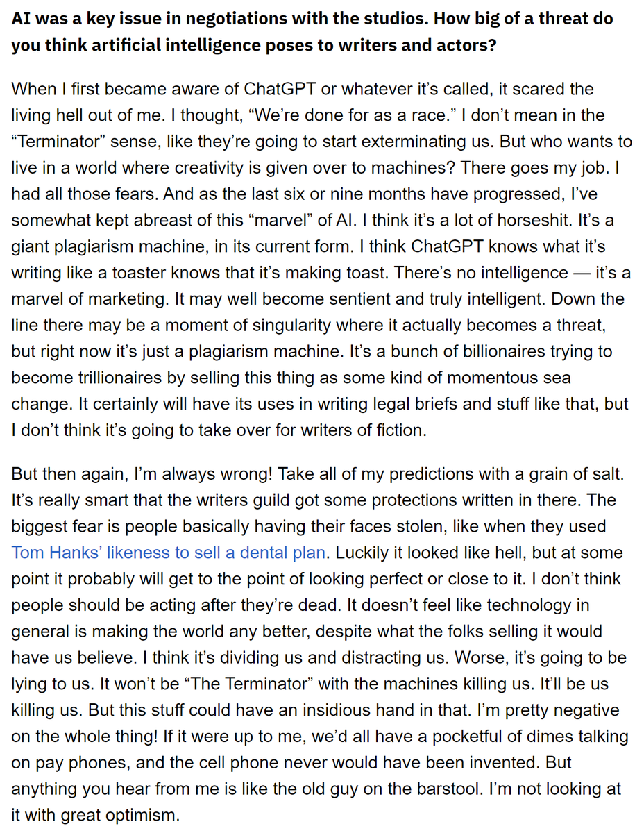 alecrobbins's tweet photo. vince gilligan on AI, dead on about how it's all marketing and scams masquerading as a helpful creative tool. https://t.co/nX35anz65X https://t.co/WGWIPoZQXW