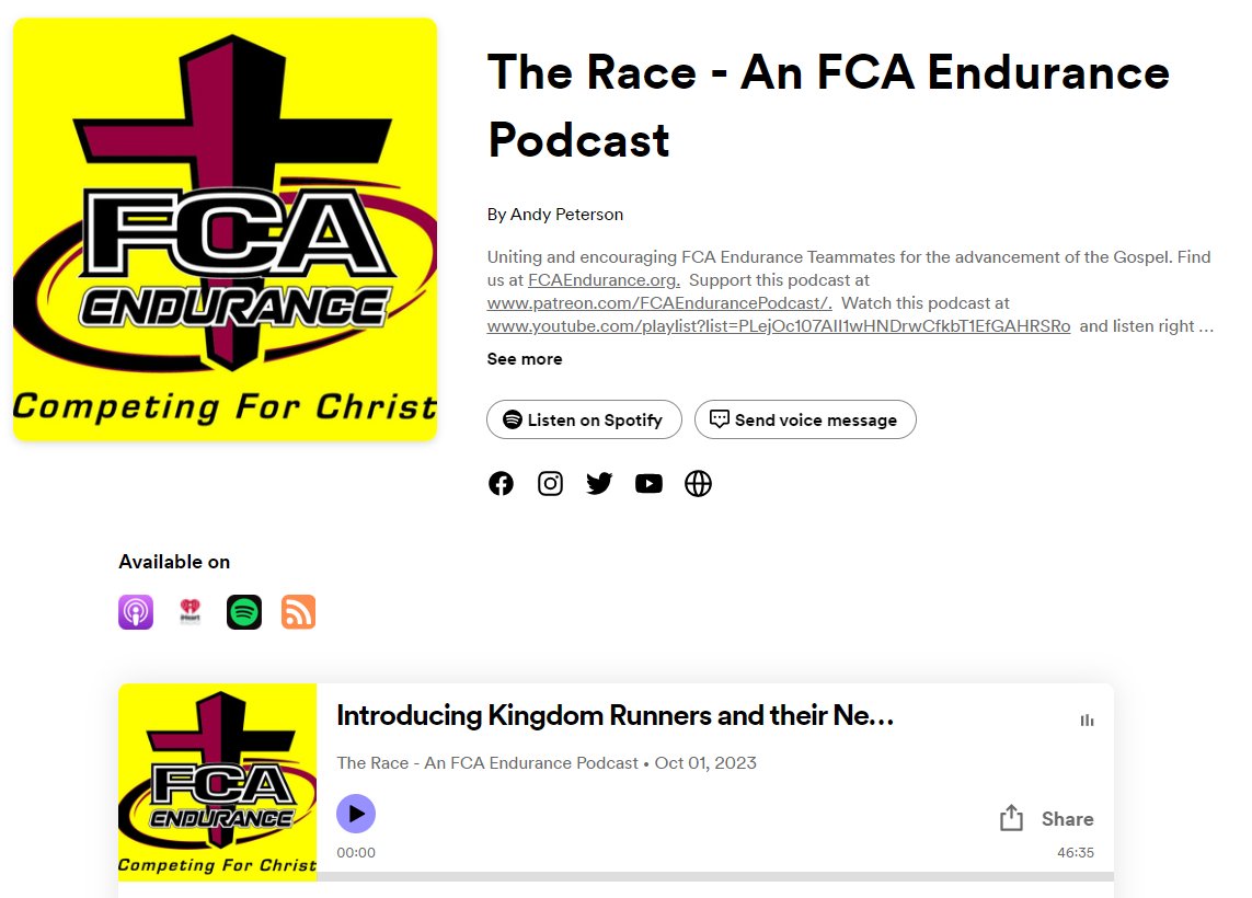 FCA_Endurance's tweet photo. The GREATER JOURNEY has started!
What's it all about? Listen to the FCA Endurance Podcast as host Andy Peterson talks with Kingdom Runners' Daryl Sung about the #12WeekChallenge
Find the FCA Endurance podcast on Apple, iHeart or Spotify. https://t.co/qMQXEVRAhI