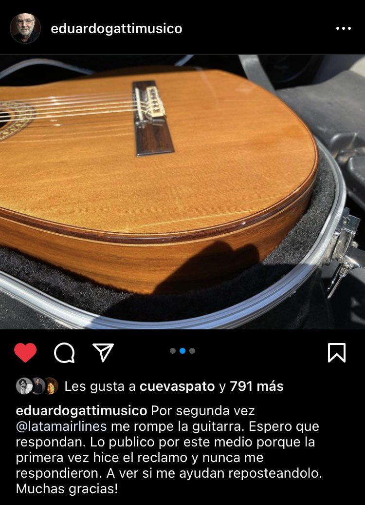 Manuel García (@manugarpez) on Twitter photo ¿Hasta cuando el maltrato de algunas compañías aéreas a los músicos y sus instrumentos? <a href="/LATAM_CHI/">LATAM Chile</a>
Post de Eduardo Gatti en Instagram👇🏻 ¿Hasta cuando el maltrato de algunas compañías aéreas a los músicos y sus instrumentos? <a href="/LATAM_CHI/">LATAM Chile</a>
Post de Eduardo Gatti en Instagram👇🏻
