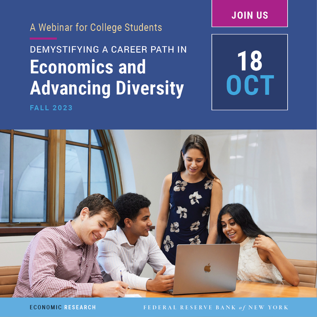 NYFedResearch's tweet photo. JOIN US ONLINE
NY Fed economists and research analysts will discuss #career paths for students interested in #economics.

Students, guidance counselors, and professors are welcome.

Wednesday, Oct. 18
4:00–5:30 pm ET
Learn more and register:
https://t.co/7wGEtVDP52

#EconJobs https://t.co/ANfTE7qmLo