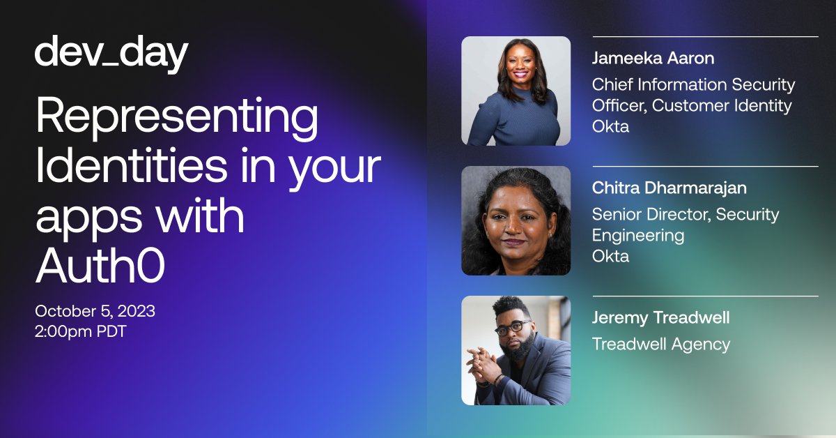 oktadev's tweet photo. Identity is key for you to understand your users and for them to feel welcomed to use your app. 👥 

In this session, you’ll hear from a panel of @Okta leaders and developers as they discuss how @auth0 can help your users align their identity with your app. 

#DevDay23 https://t.co/lwPRfJHW20