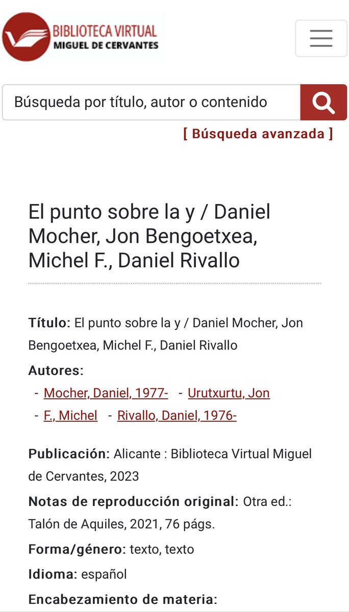 Mi segundo libro de aforismos, El punto sobre la y, pergeñado a cuatro voces junto a <a href="/benzuria/">Jon Bengoetxea Zuriarrain</a>, <a href="/MFilosofal/">Michel F.</a> y <a href="/daniel_rivallo/">Daniel Rivallo</a>, ya aparece en la Biblioteca Virtual Miguel de Cervantes de la Universidad de Alicante. Una alegría y todo un honor.