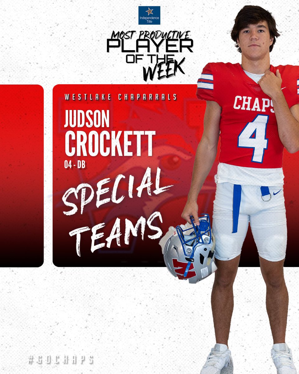 Westlake_Nation's tweet photo. Judson Crockett blocked a punt to earn the Special Teams Most Productive Player of the Week for his performance in Westlake's 58-0 win over Del Valle. #GoChaps https://t.co/7aoaP74JYu
