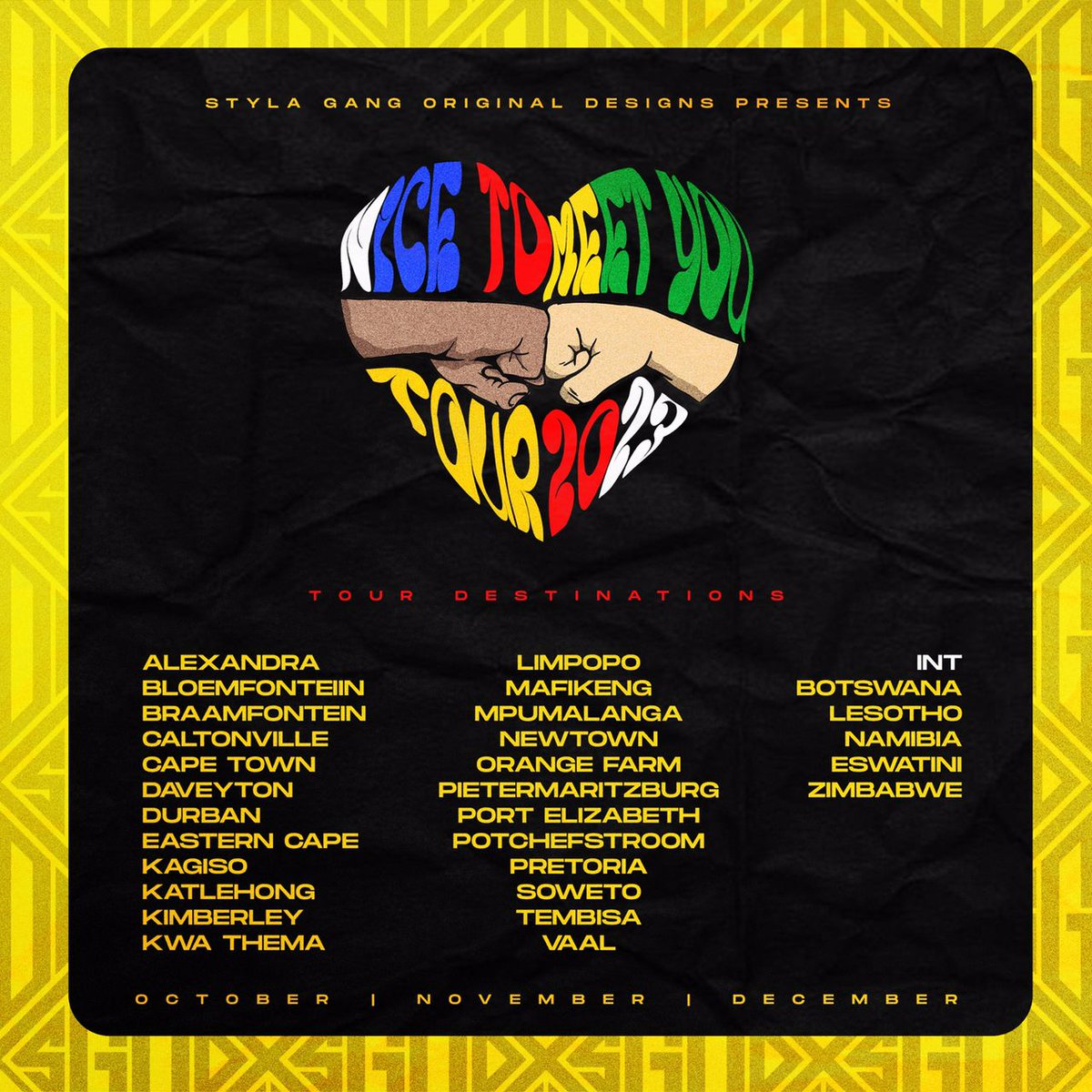 🌟 Get ready, fashionistas! Styla Gang Original Designs is taking the "Nice to Meet You" tour on the road in 2023

<a href="/BacktothecitySA/">#BTTC2025</a> in Partnership with <a href="/sprite_za/">Sprite South Africa</a>
is crossing borders 🌍 to bring our stylish creations closer to you.

  💃🕺 #Nicetomeetyoutour2023 <a href="/sgod_za/">BELIEVE IN YOURSELF 🌐</a>