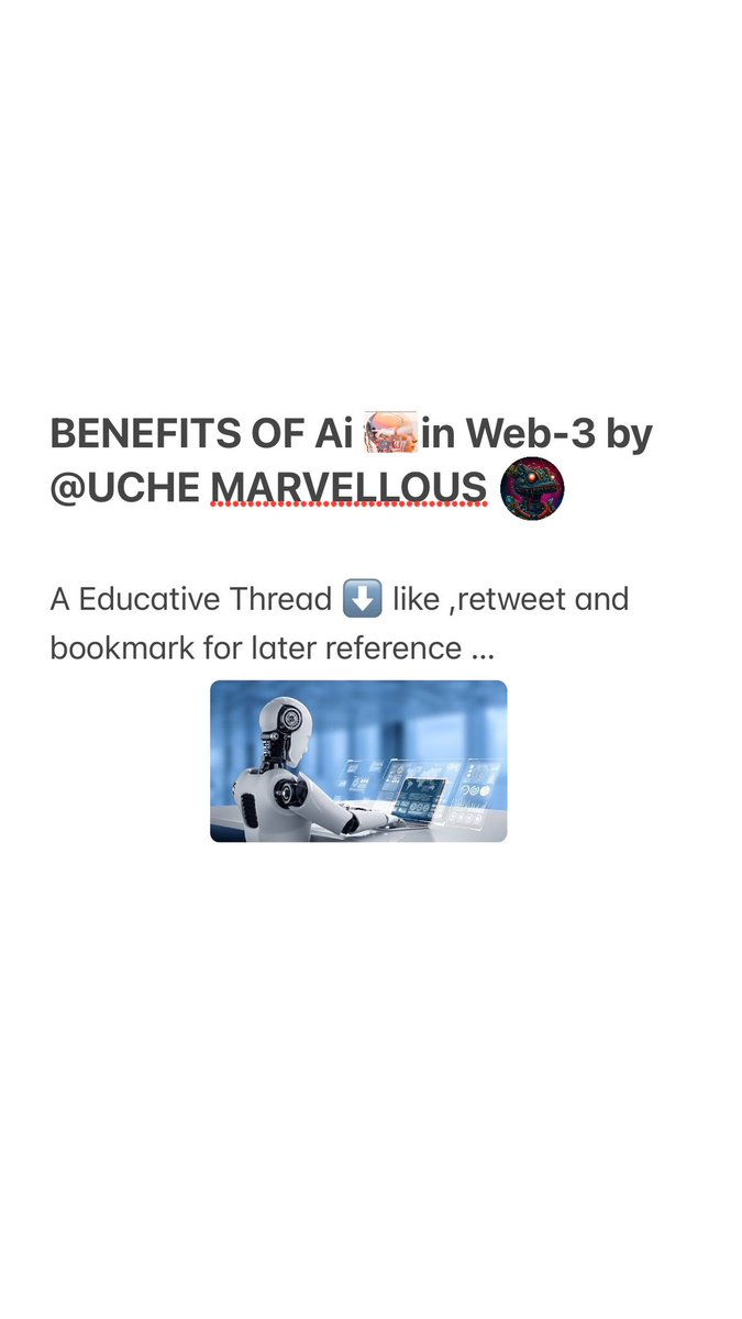 UcheMarvellous6's tweet photo. Artificial Intelligence Ai 🤖 has brought a lot of change and benefits to the technology world but we can pass-by without mentioning the good it has bought to   web-3 ‘decentralized blockchain’   and how it will revolve web-3 for good.

A thread ⬇️ LFG.
#BenzSwapThread1 #crypto . https://t.co/tR41TaxXts