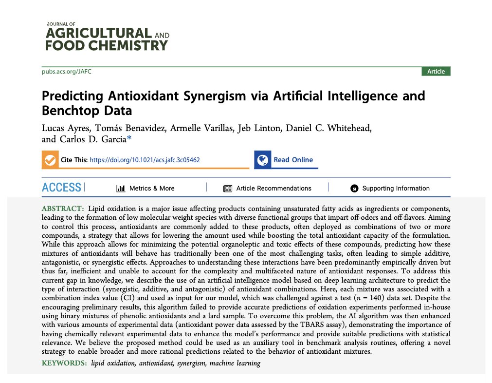 It's out! 😀
Predicting Antioxidant Synergism via Artificial Intelligence and Benchtop Data | Journal of Agricultural and Food Chemistry pubs.acs.org/doi/10.1021/ac… 

@ayreslucaz @JAgFoodChem @Clemson_Chem @ClemsonScience #chemtwitter