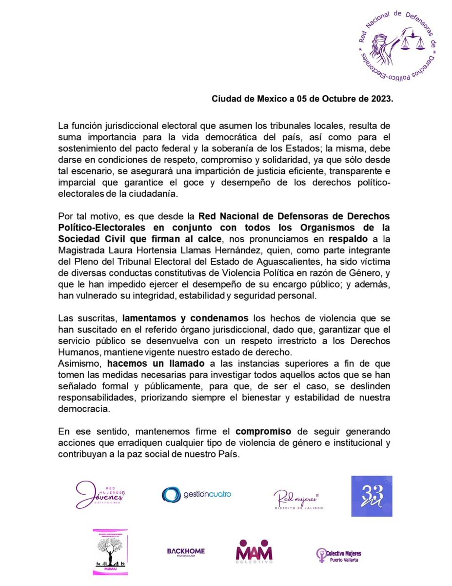 Las redes firmantes respaldamos a la Magda. del @TriEE_Ags, Laura Llamas <a href="/LauraLlamasHer1/">Magda Laura Llamas</a>, víctima de violencia política en razón de género por integrantes del Tribunal, obstruyéndole el ejercicio del cargo y vulnerando su integridad, estabilidad y seguridad personal #NoEstásSola