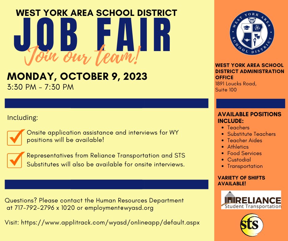 Curious about the AWESOME employment opportunities at West York Area School District?  Join us for our Job Fair this Monday, October 9th, from 3:30 PM - 7:30 PM. 

Check out our job openings at applitrack.com/wyasd/onlineap… 
#wyproud #wyasd #AwesomeItsWhatWeDo