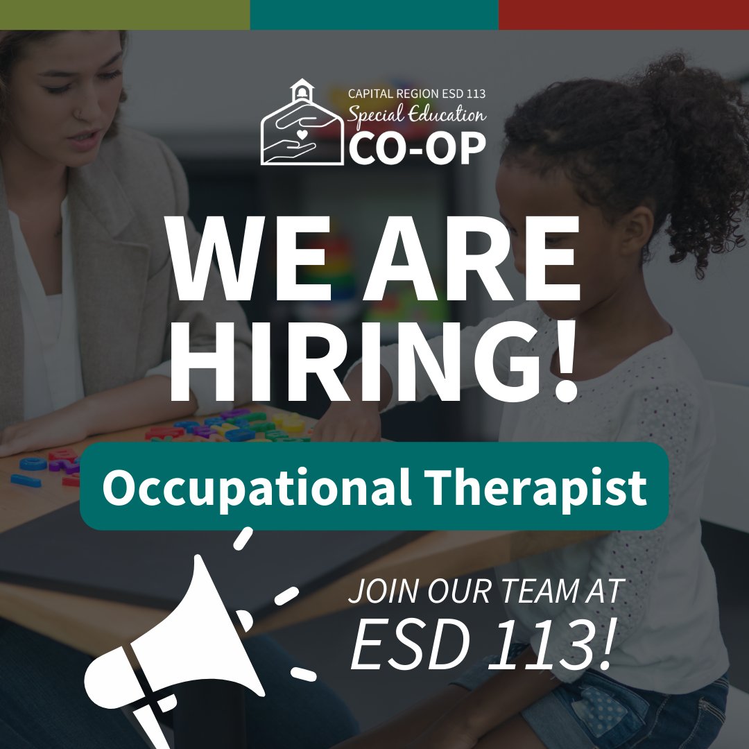 Join our team! We're hiring an occupational therapist. 
Apply at: bit.ly/3RHgn68

Salary: $66,767–$103,754; DOQ
Benefits: Medical/Vision/Dental Insurance, FSA/DCAP, Life/AD&amp;D Insurance, LTD Insurance, Retirement, DCP, EAP, Personal &amp; Sick Leave

#WeAreESD113 #Hiring