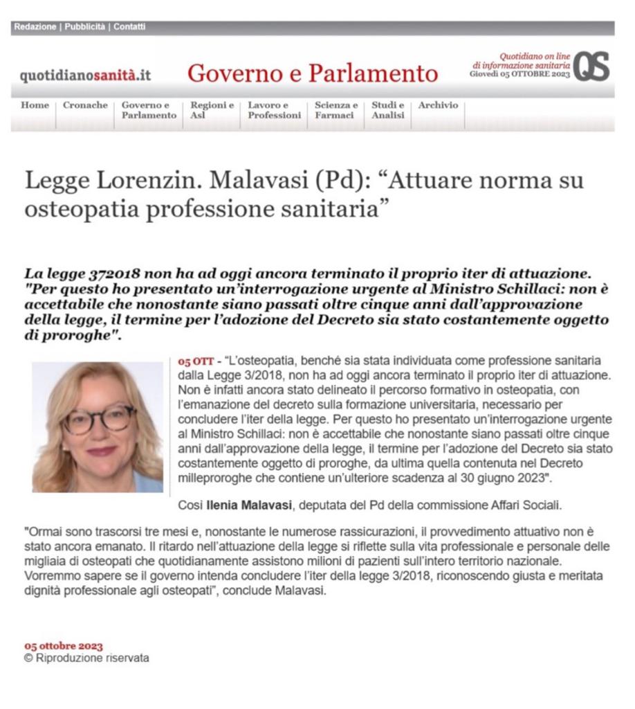 Legge Lorenzin. Malavasi (Pd) "Attuare norma su osteopatia professione sanitaria".  Interrogazione parlamentare urgente presentata da
<a href="/Ileniamalavasi/">Ilenia Malavasi</a> al Ministro Schillaci su #osteopatiaprofessionesanitaria 

quotidianosanita.it/governo-e-parl…

<a href="/QSanit/">Quotidiano Sanità</a>
<a href="/sciomachen/">paola sciomachen</a>
#decretosubito