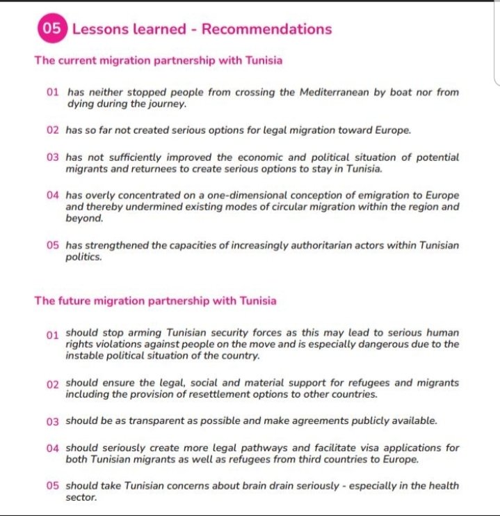 Studie zu EU-Tunesien Deal von <a href="/BROT_furdiewelt/">Brot für die Welt</a> und <a href="/Misereor/">Misereor</a> zeigt klare "Lessons Learned" und gibt Empfehlungen für die Zukunft dieser "Zusammenarbeit". 
Lernen wir daraus <a href="/vonderleyen/">Ursula von der Leyen</a>?