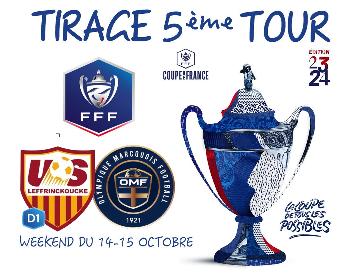 ⌁𝗧𝗜𝗥𝗔𝗚𝗘 𝗖𝗗𝗙⌁

L’OMF se déplacera à Leffrinckoucke (D1) au 5ème tour de la <a href="/coupedefrance/">Хамидов Мехродж</a> 🏆🇫🇷 

🗓 Le match se jouera le 14 ou le 15 octobre 2023.