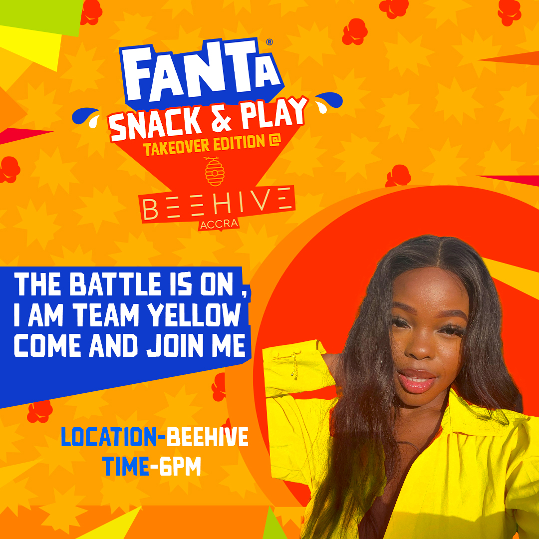 FantaGhana's tweet photo. Join @liyadances 💛 💛 💛 at Beehive tomorrow as she goes head-to-head with other influencers in an epic battle!

#FantaYummySnacking #SnackAndPlay https://t.co/OKR3PkPcki