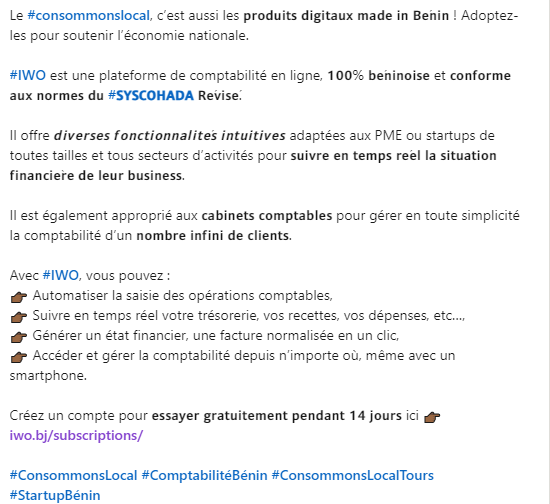 iwogroupsarl's tweet photo. Le #ConsommonsLocal, c’est aussi les produits digitaux made in Bénin
Adoptez-les pour soutenir l’économie nationale
#IWO est une plateforme de comptabilité en ligne, 100% béninoise et conforme aux normes du #SYSCOHADA Révisé
Essai gratuit ici https://t.co/O5drOVWnCX
#IWO #caisse https://t.co/gr7YIwd6CX