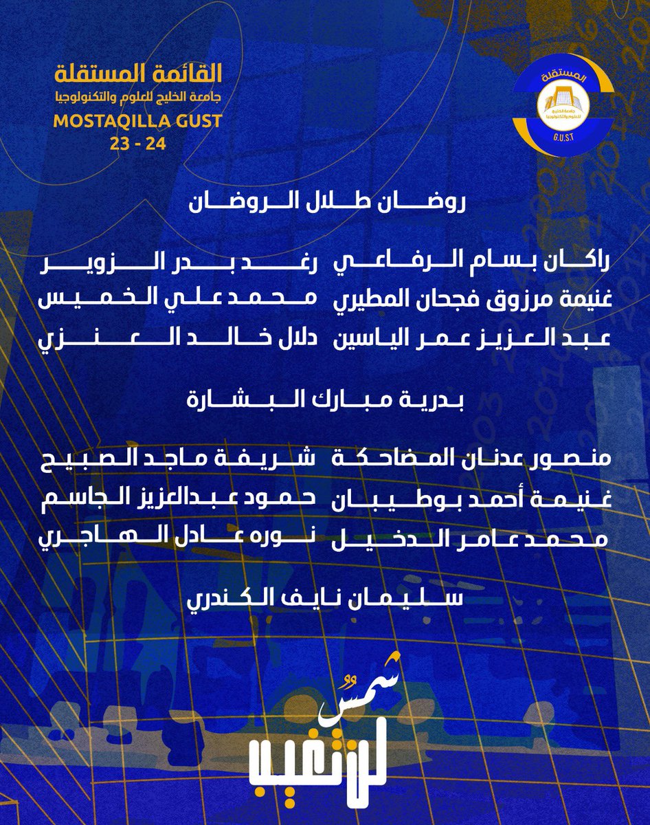 MOSTAQILLA_GUST's tweet photo. مرشحين القائمة المستقلة لمقاعد الهيئة الإدارية لرابطة طلبة وطالبات جامعة الخليج للعلوم والتكنولوجيا للعام النقابي 2023-2024.

#gust
#شمسٌ_لن_تغيب 
#mostaqillagust https://t.co/FKQMzGM6fy