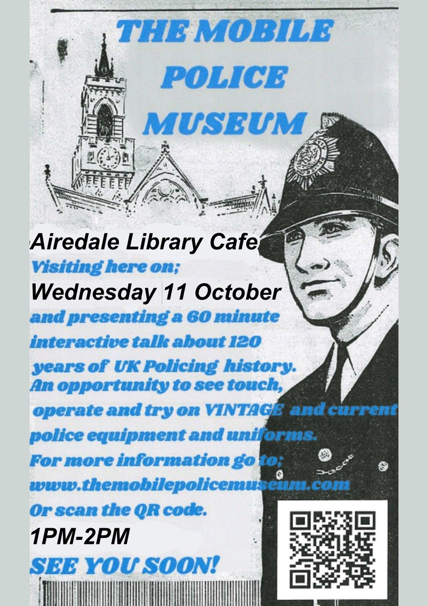 WFlibraries's tweet image. 👮 Are you interested in police history?
MHA Communities are hosting a talk at Airedale Library with a retired officer, featuring vintage uniforms and equipment!
📅 Wednesday 11 October
🕰️ 1pm-2pm

No booking required

#AiredaleLibrary #Police #LocalHistory
