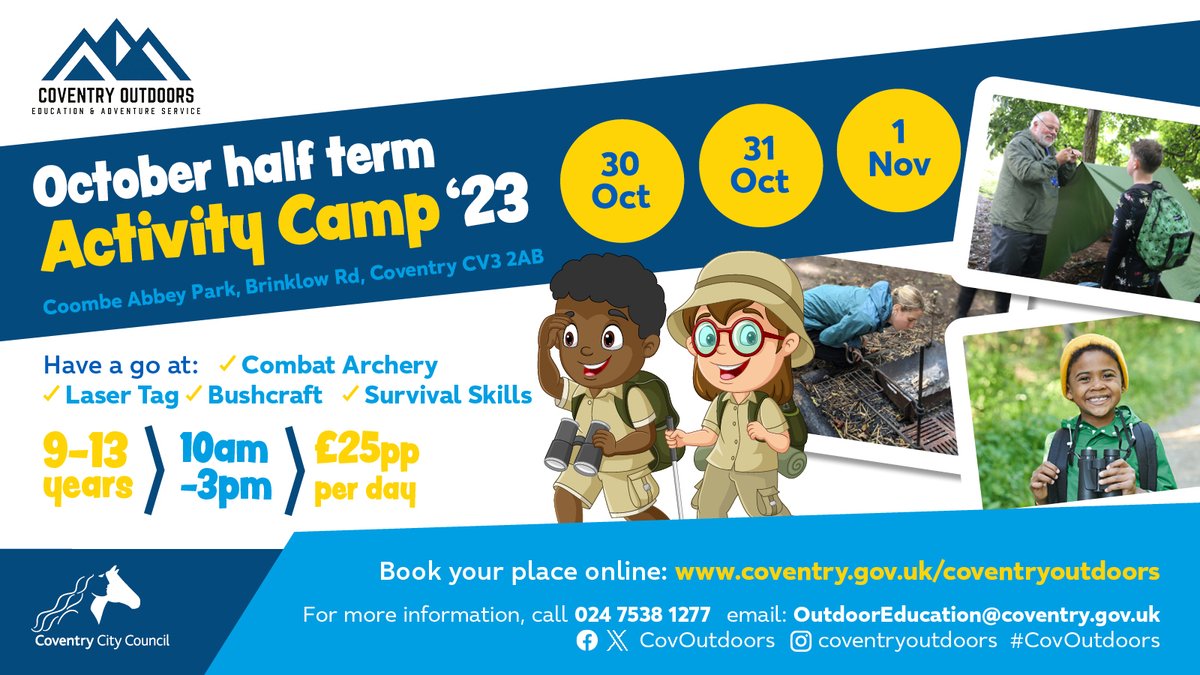 This October half term @CovOutdoors are back in @coombeabbeypark with their activity camps. 🌳 If you know a young person interested in activities such as combat archery, laser tag or camp cooking, then this could be for them! 🎯 🤼‍♀️ Book a place today: orlo.uk/OClzI