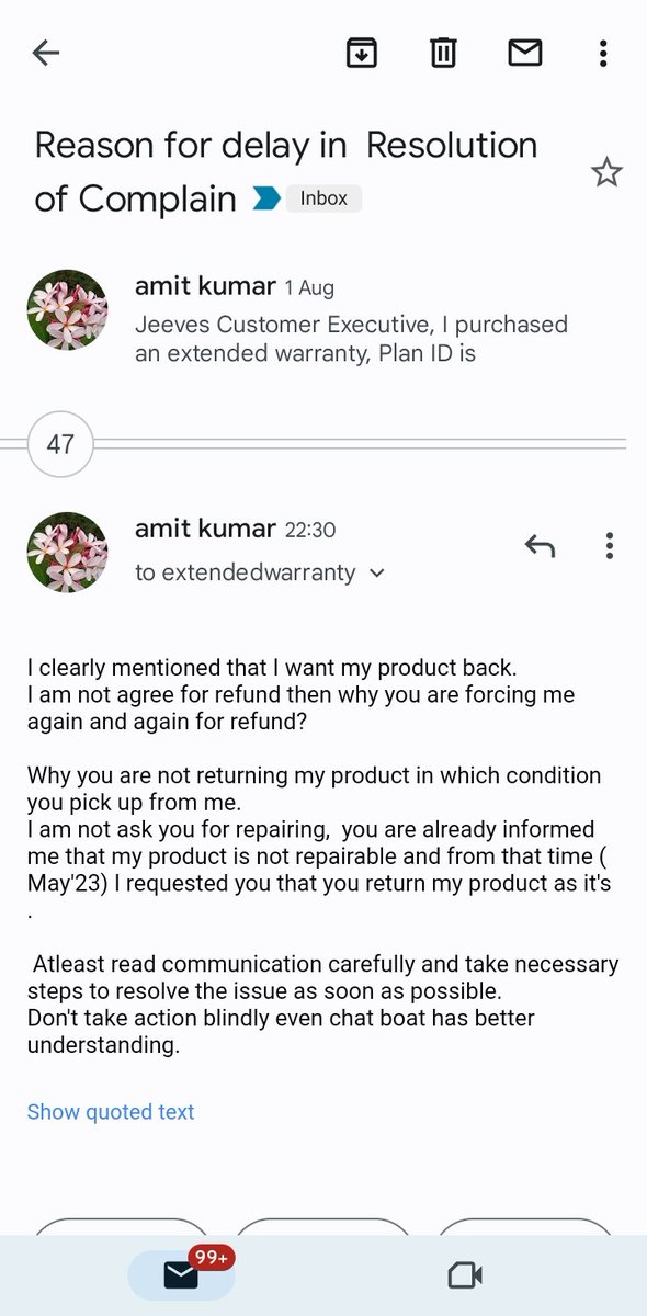 My 6 month pending issue isn't resolve by @flipkartsupport & Jeeves customer executives. They're replied same message against my every mail, wait 2 business day. I request everyone don't buy extendedwarranty by Jeeve @BandBajaateRaho 
#don't use @flipkart worst shopping platform