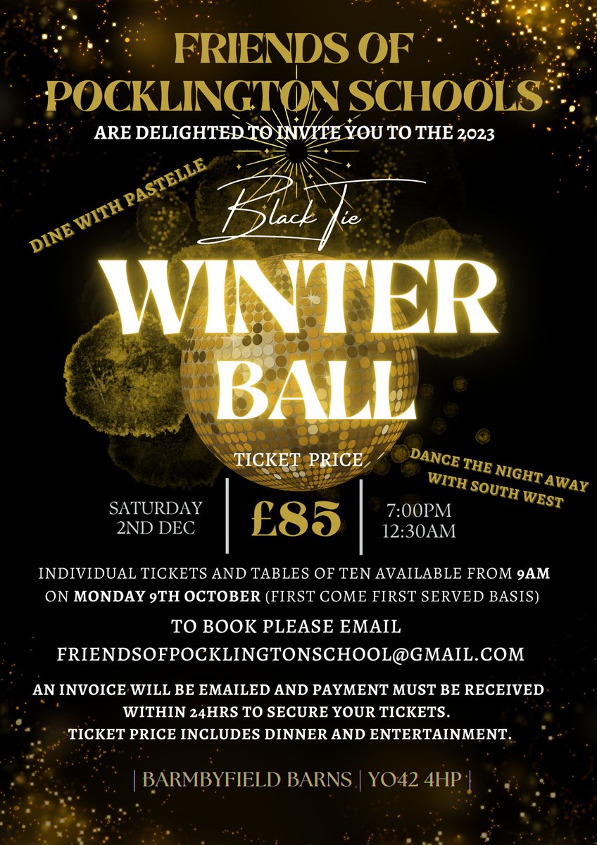 Pockfriends's tweet photo. Friends of Pocklington School are excited to announce that there will be a Pocklington School Winter Ball this year on the 2nd December. Tickets are available Monday 9th October from 9am. Please see details below on how to purchase tickets. #pockschool #pockwinterball2023 https://t.co/sKQscmPQwo