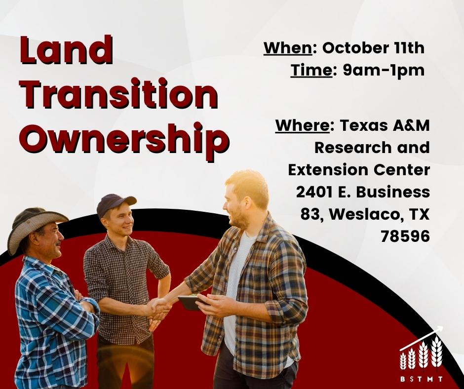 Come out to the AgriLife center in Weslaco to learn about Land Transition Ownership and other agribusiness topics at our free program October 11th. We hope to see you there.

Lunch Provided

Register: texaslocalproduce.tamu.edu/upcoming-progr…