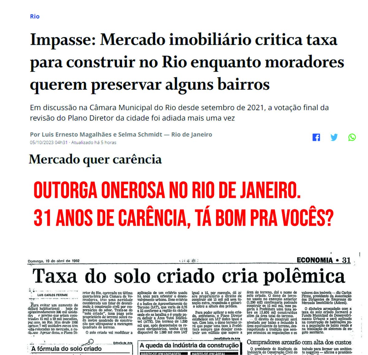 m3rtins's tweet photo. @selmaschmidt , tem 31 anos que tentam implantar a Outorga Onerosa no Rio. O instrumento, então com o nome de Solo Criado, estava presente no Plano Diretor de 1992. Só não foi aplicado porque o Lobby e a força dos donos de terrenos e especuladores nessa cidade não tem limites. https://t.co/4HPUFXiErf