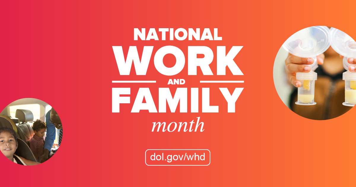WHD_DOL's tweet photo. During #WorkAndFamilyMonth (& all year long), we stand with working families.
Here are just four ways we support them:
1️⃣ Minimum wage & overtime protections
2️⃣ Safe work experiences for teens
3️⃣ Family & medical leave
4️⃣ Break time & space to pump
#WorkersRights #FMLA https://t.co/r0xRaLUIEu
