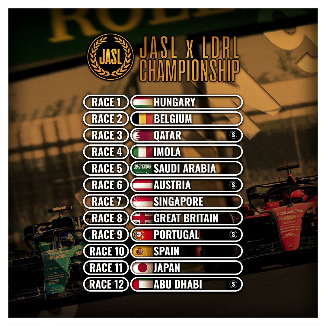 SEASON 9 SCHEDULE 📅 

We are delighted to confirm a 12 race offering, starting in Hungary and concluding under the lights in Abu Dhabi.

Four Sprint Races 🇶🇦🇦🇹🇵🇹🇦🇪 

Dates will be confirmed in due course.

#JASLS9
