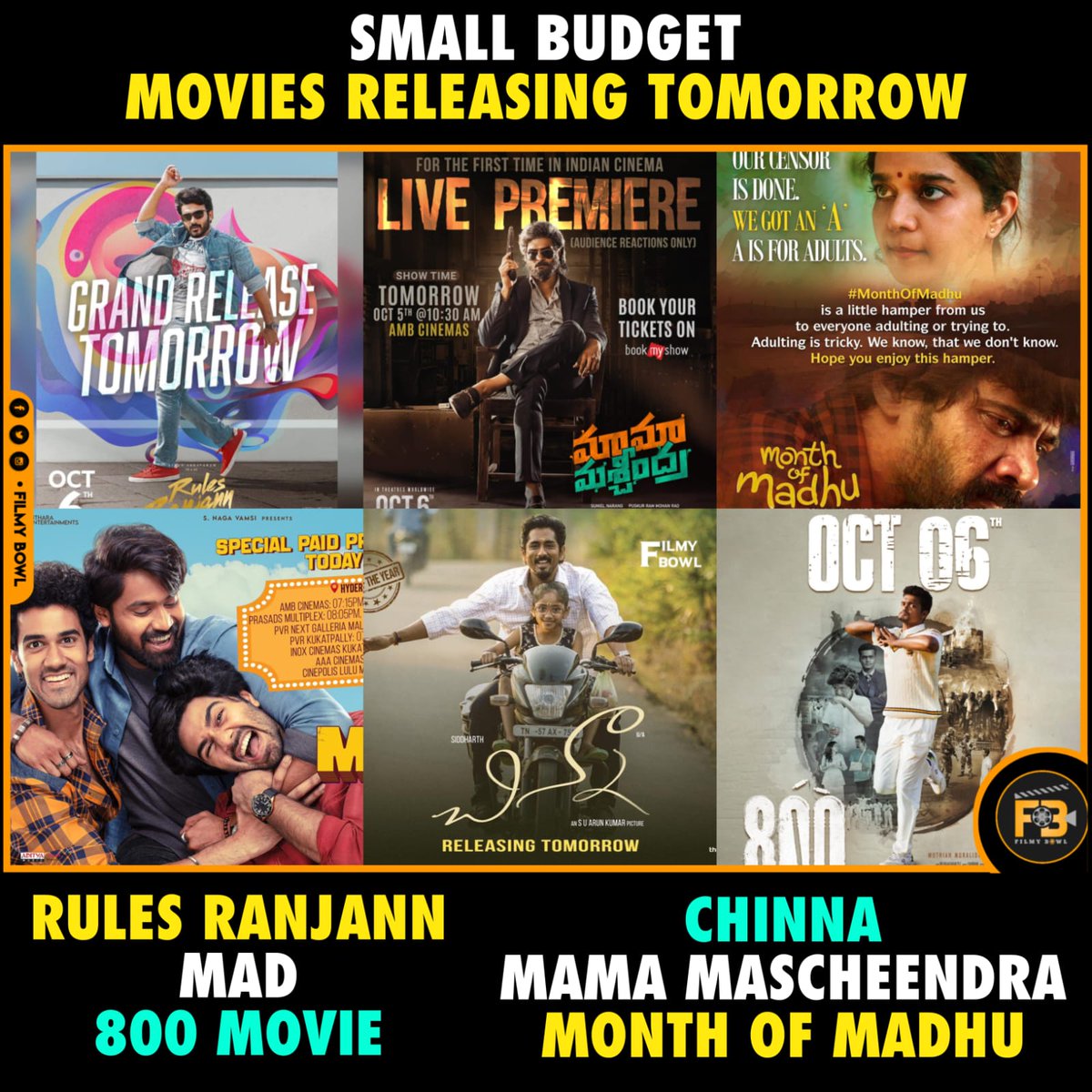 Small budget Movies Releasing Tomorrow

#RulesRanjann
#MAD
#800TheMovie
#Chinna
#MamaMascheendra
#MonthOfMadhu

All the Very Best 💐💐💐