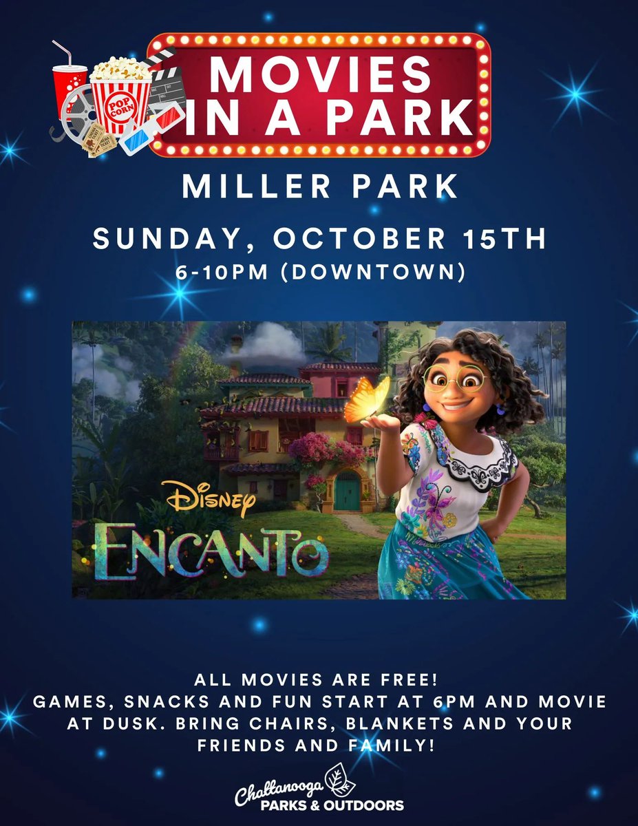 Start the day with a Hispanic Market and end the evening with the movie Encanto! Free. Bring your friends and family, and bring a chair or blanket. The market will be all day with the movie at dusk. 

#downtownchatt #visitchatt #movies #millerpark