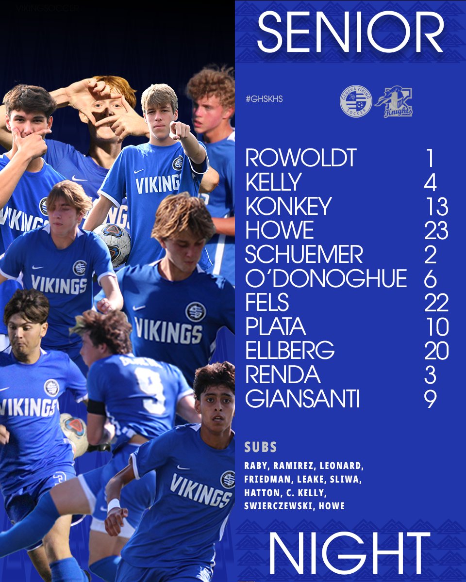 geneva_soccer's tweet photo. 📄The Lineup for Senior Night is in 🆚 the Knights! 

Kickoff in 30 Minutes...Go Vikings! Go Seniors!

#vikingsoccer || #GHSKHS https://t.co/LztLIDoP87