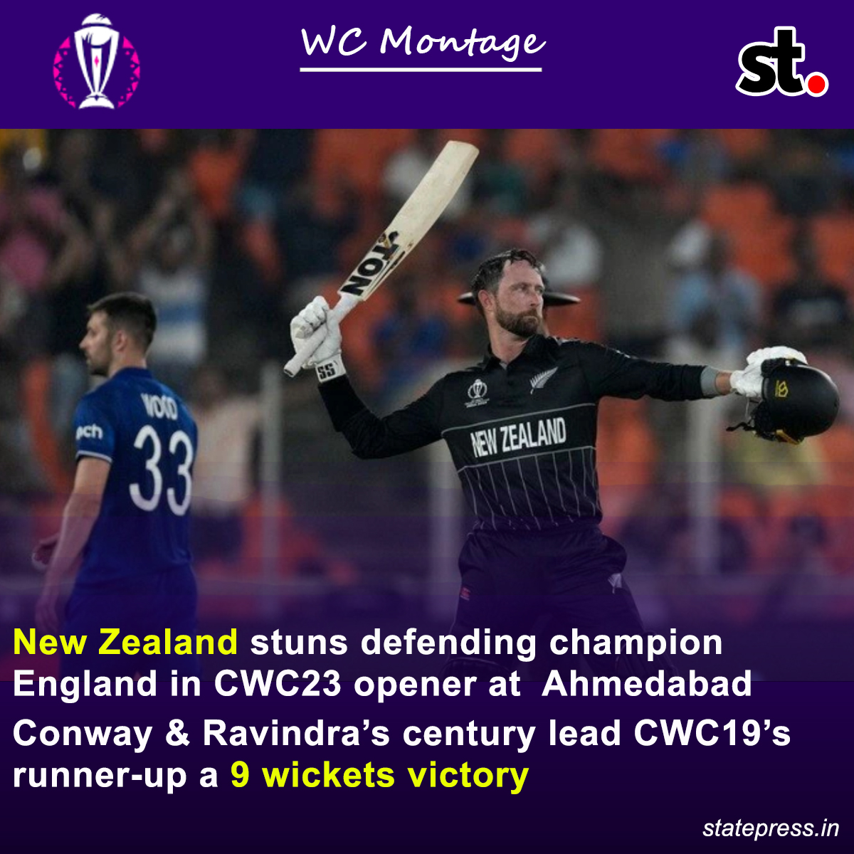 statepress_in's tweet photo. New Zealand stuns defending champion England in CWC23 opener at  Ahmedabad, Conway &amp; Ravindra’s century lead CWC19’s runner-up a 9 wickets victory .

#NZvsENG #CWC2023  #icccricketworldcup2023  #ICCWorldCup2023  #devonconway #RachinRavindra  #StatePress #wcmontage https://t.co/S9EjF3ZPfj
